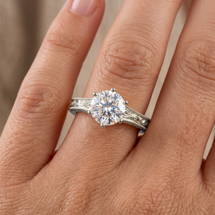 Vintage Art Deco Yellow Gold Engagement Ring, Round Lab Grown Diamond, Milgrain Scroll Design