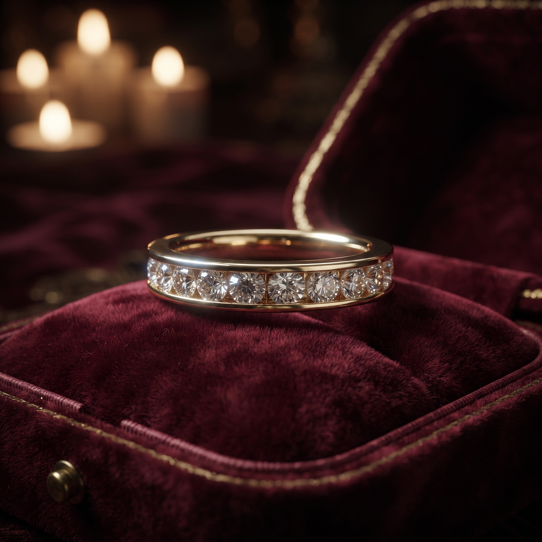 Diamond Channel Set Wedding Band: 9K To 18K Gold Round Diamond Stackable Ring