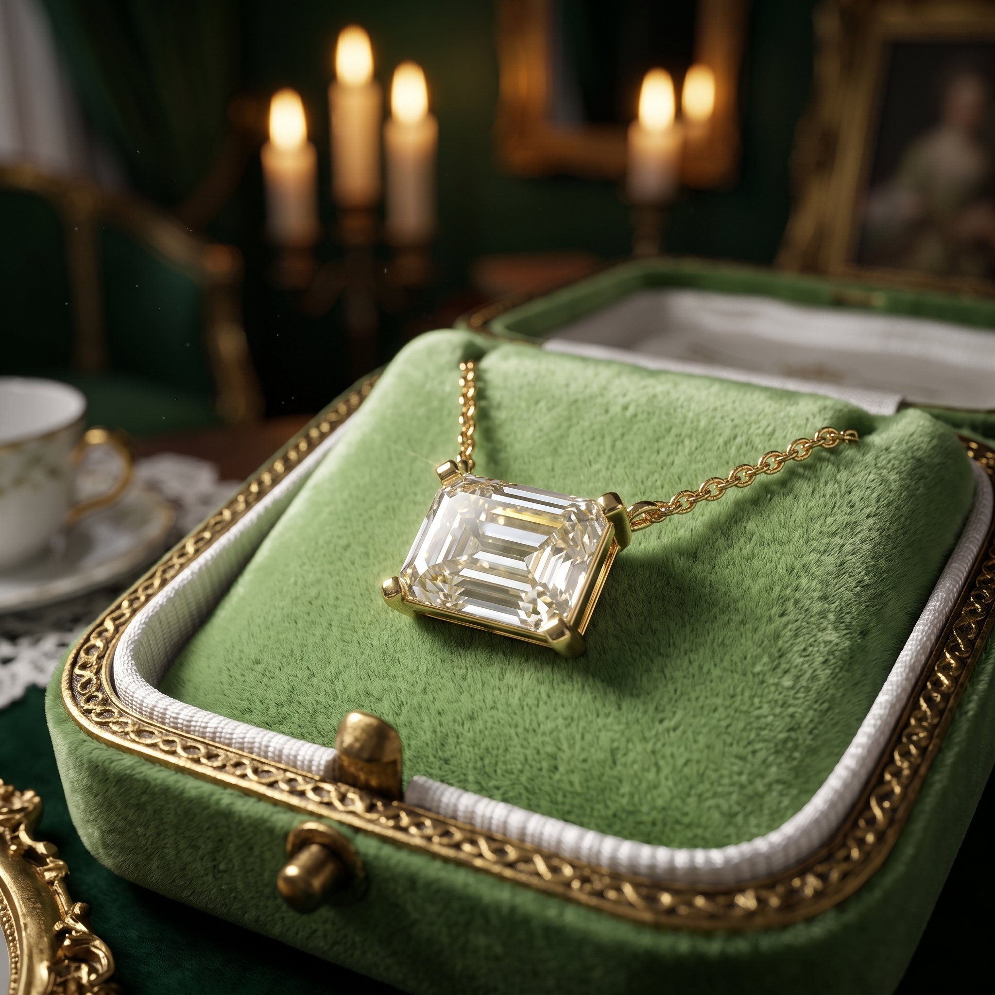 Emerald Cut Solitaire Pendant Necklace, Minimalist Diamond Chain, Modern Architecture Style