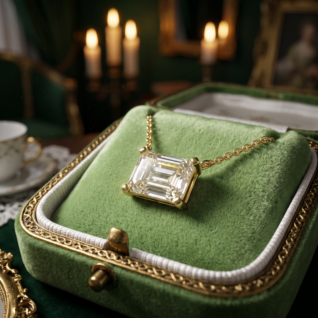 Emerald Cut Solitaire Pendant Necklace, Minimalist Diamond Chain, Modern Architecture Style
