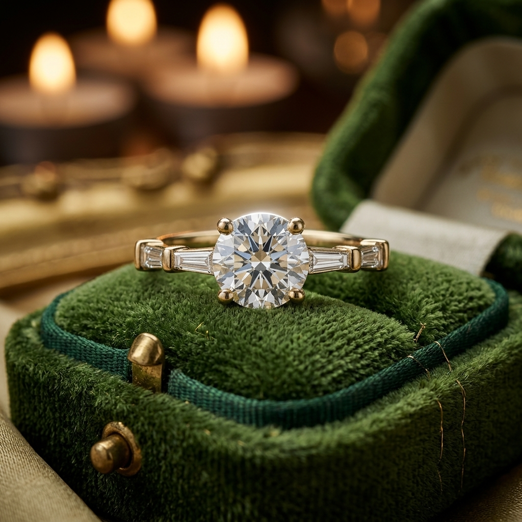 1.00 Carat Round Lab Grown Diamond Engagement Ring, Baguette Accents, Yellow Gold (Customizable)