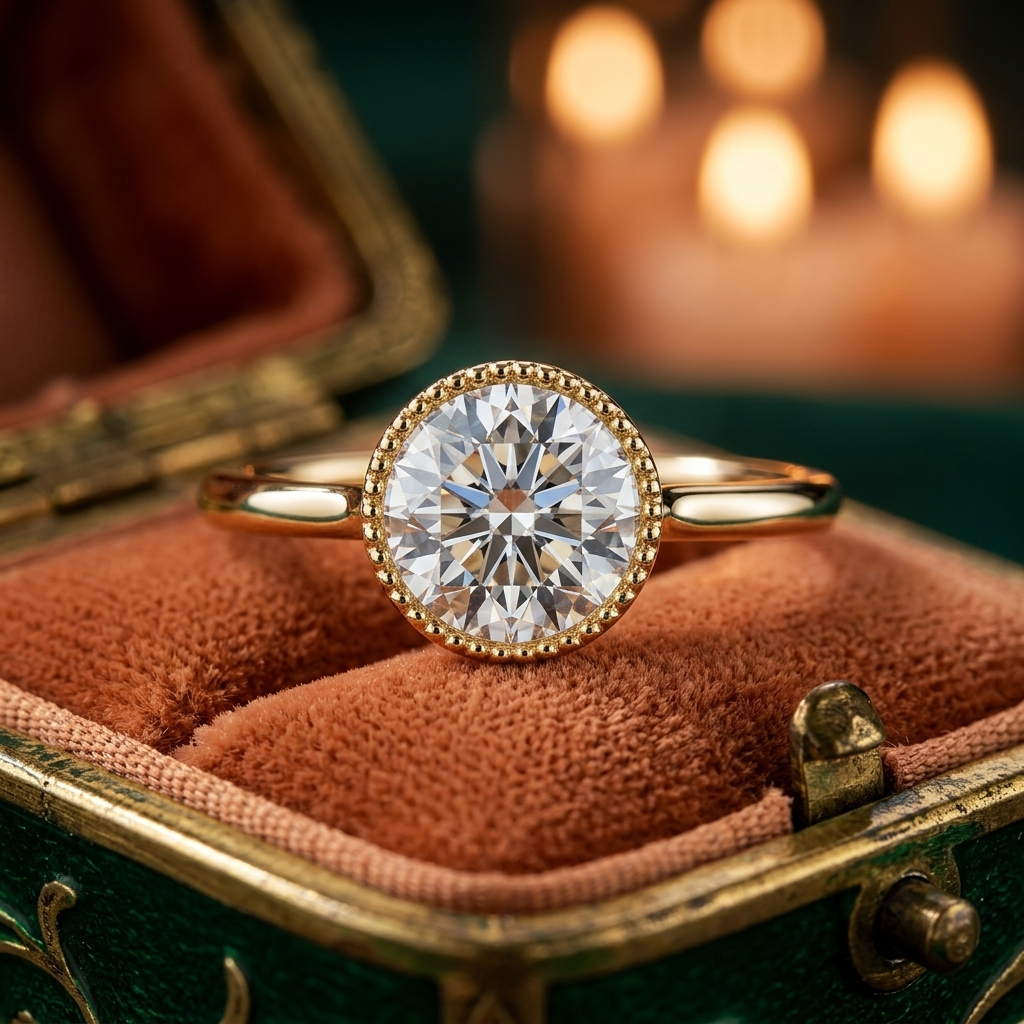 Milgrain Bezel Lab Grown Diamond Ring, Round Cut Solitaire, Solid Gold Engagement Ring