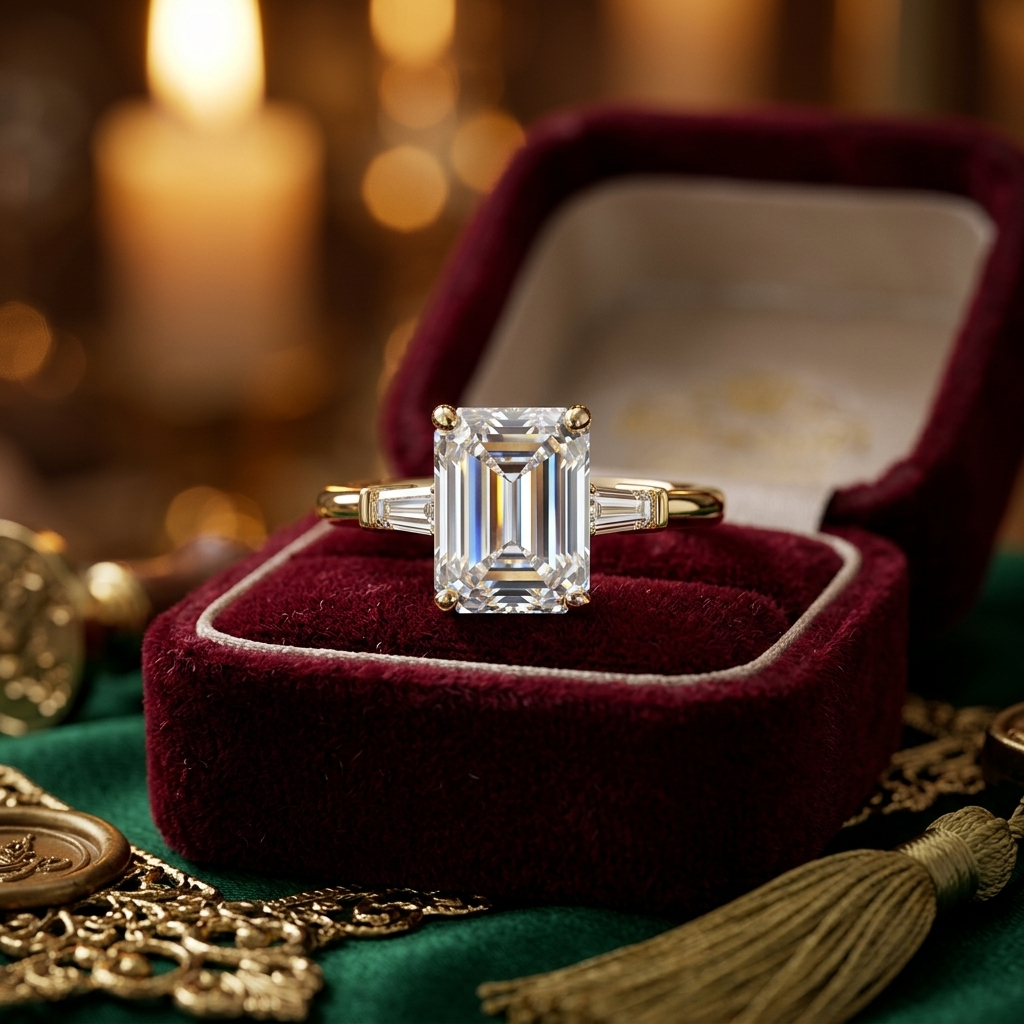 Emerald Cut Three Stone Engagement Ring, Tapered Baguette Lab Grown Diamond, Solid Gold Band