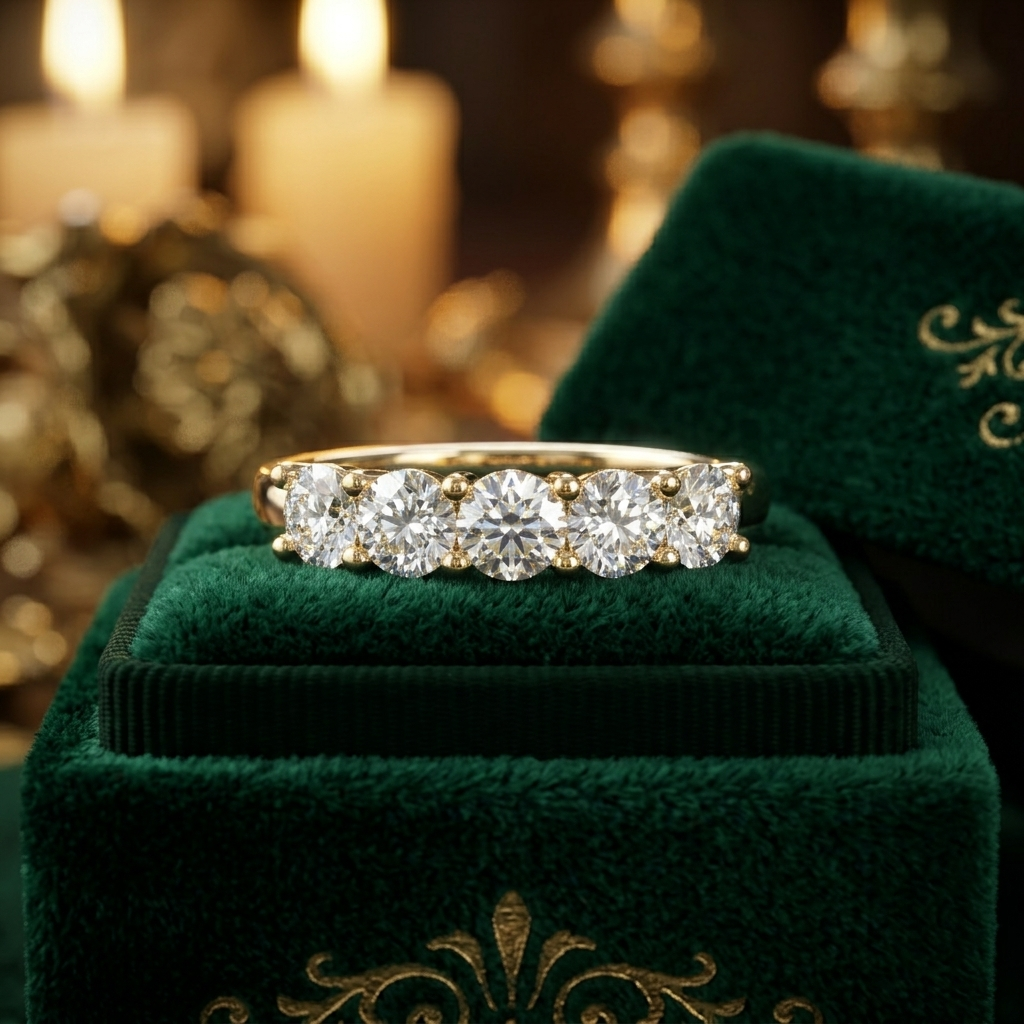 5-Stone Round Cut Diamond Ring, Shared Prong Stackable Band, Solid Gold Wedding Promise Ring
