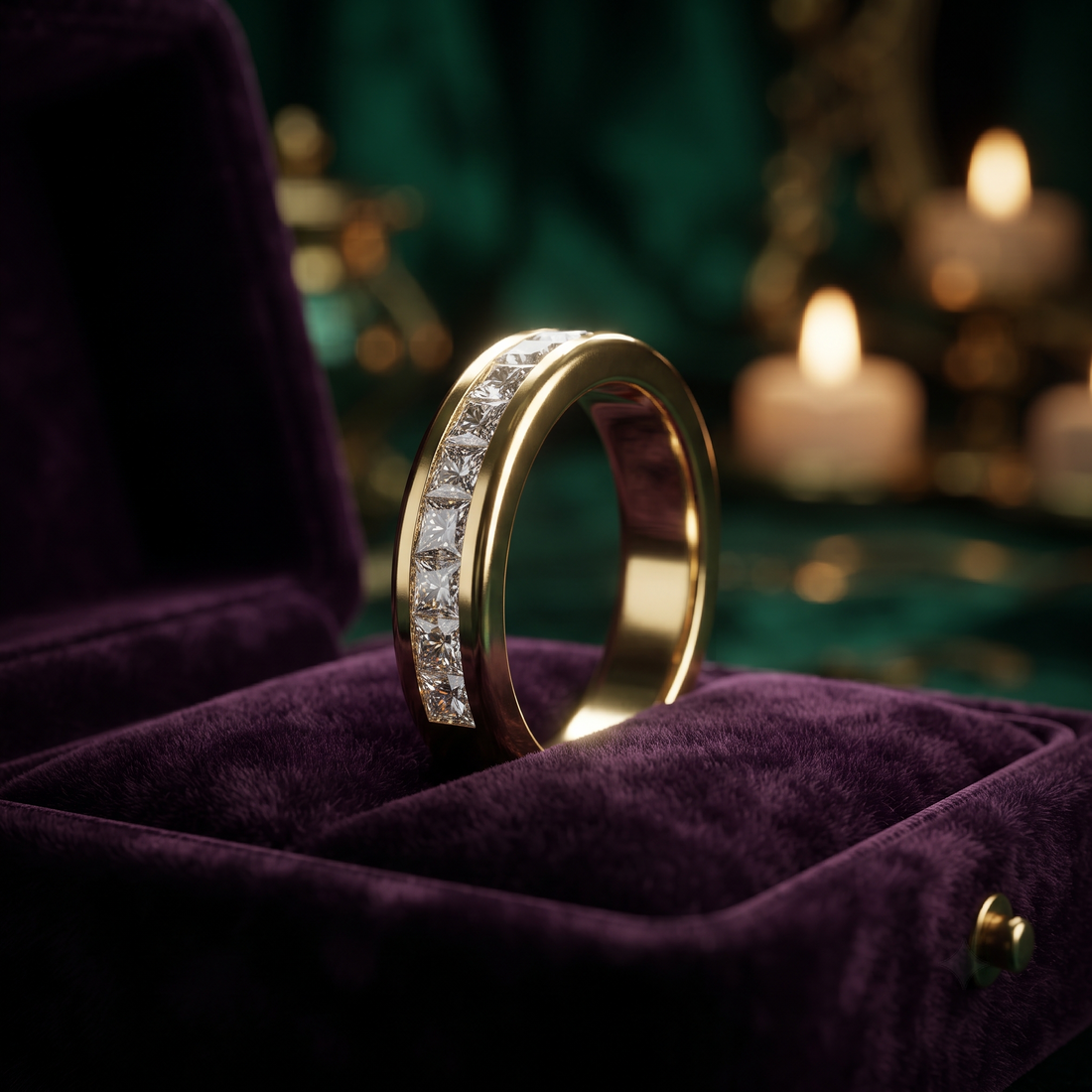 Princess Cut Diamond Channel Set Wedding Band, 9K To 18K Solid Gold Stacker Ring