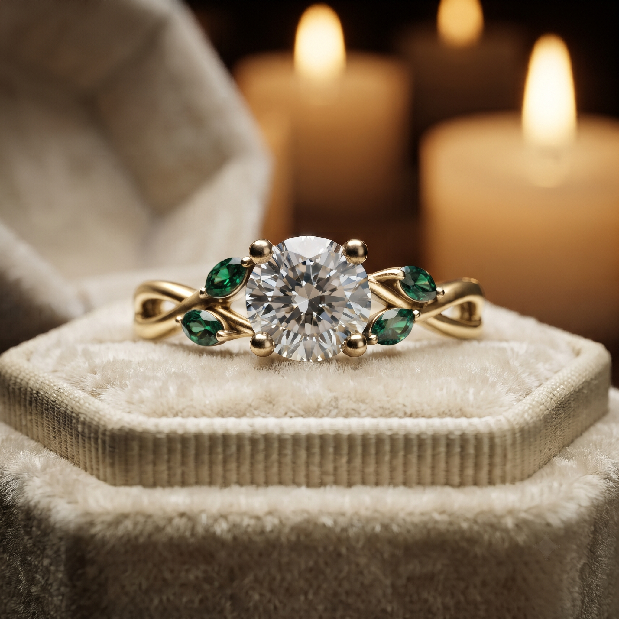 14K Yellow Gold Leaf Engagement Ring with Marquise Emeralds – Nature Floral Cluster Ring