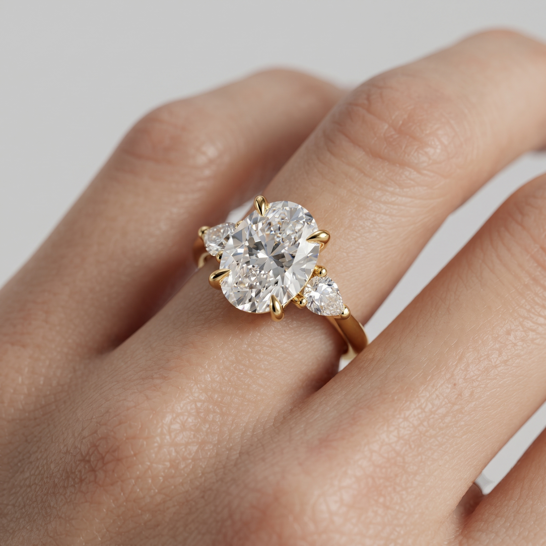 Oval Lab Grown Diamond Ring, 3-Stone Pear Side Stones, Minimalist Gold Engagement Ring