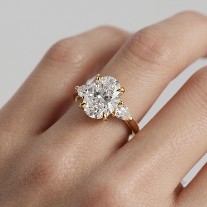 Oval Lab Grown Diamond Ring, 3-Stone Pear Side Stones, Minimalist Gold Engagement Ring
