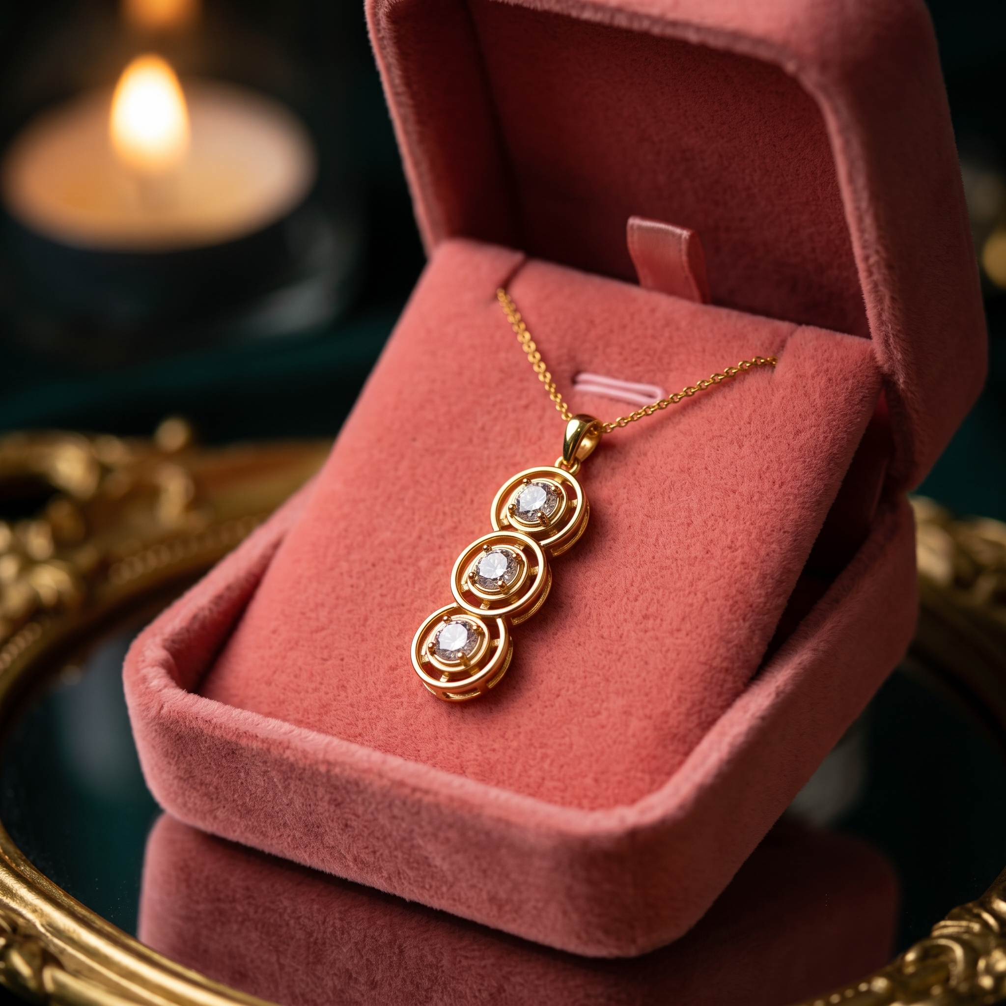 14K Gold Triple Circle Diamond Pendant Necklace, Minimalist Geometric Drop Jewelry