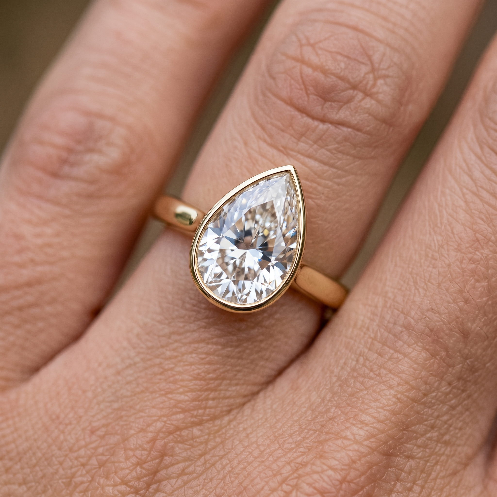 Pear Cut Diamond Bezel Ring, Yellow Gold Bridal Set, Teardrop Stacking Rings