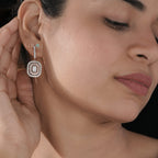 Elegant Double Halo Emerald Cut Diamond Drop Earrings in Rose Gold