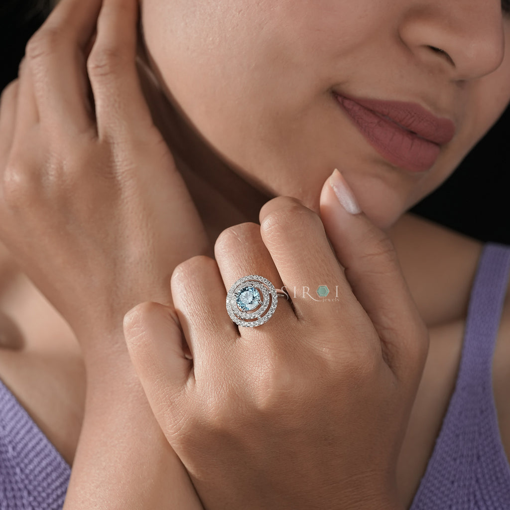 Round Cut Aqua Center Stone Ring with Pave Setting