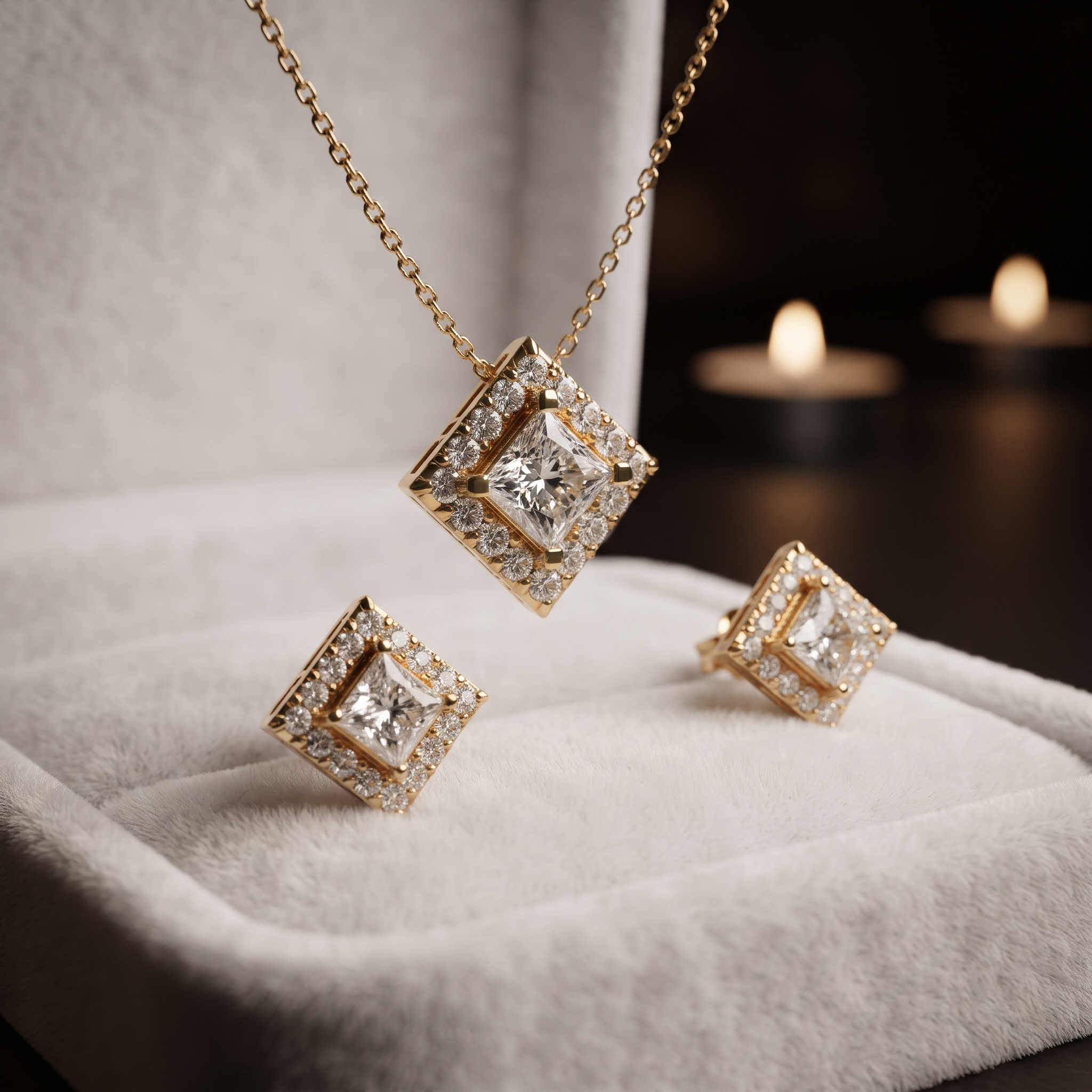 Princess Cut Diamond Halo Necklace Set, Square Pendant Earrings, Bridal Jewelry Gift