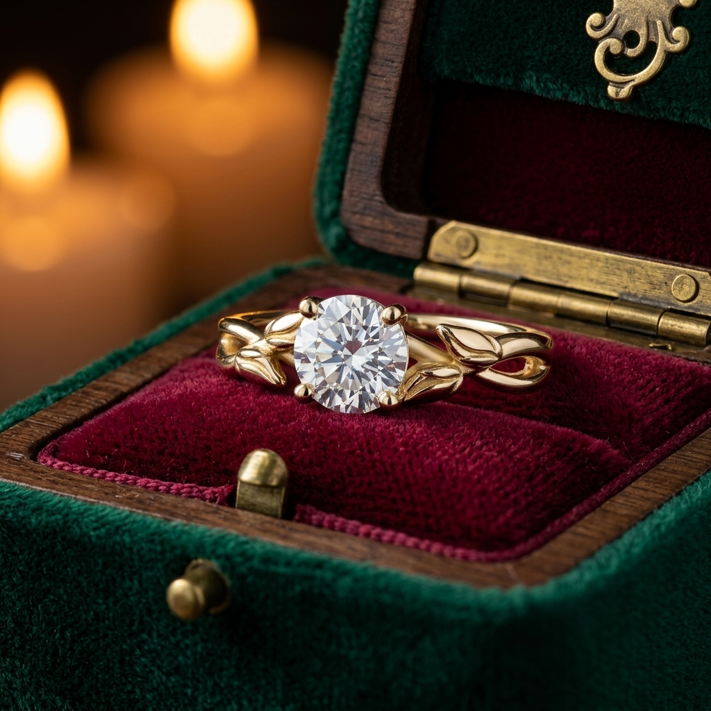 Handcrafted Leaf Vine Engagement Ring, Round Center Stone, Gold or Silver