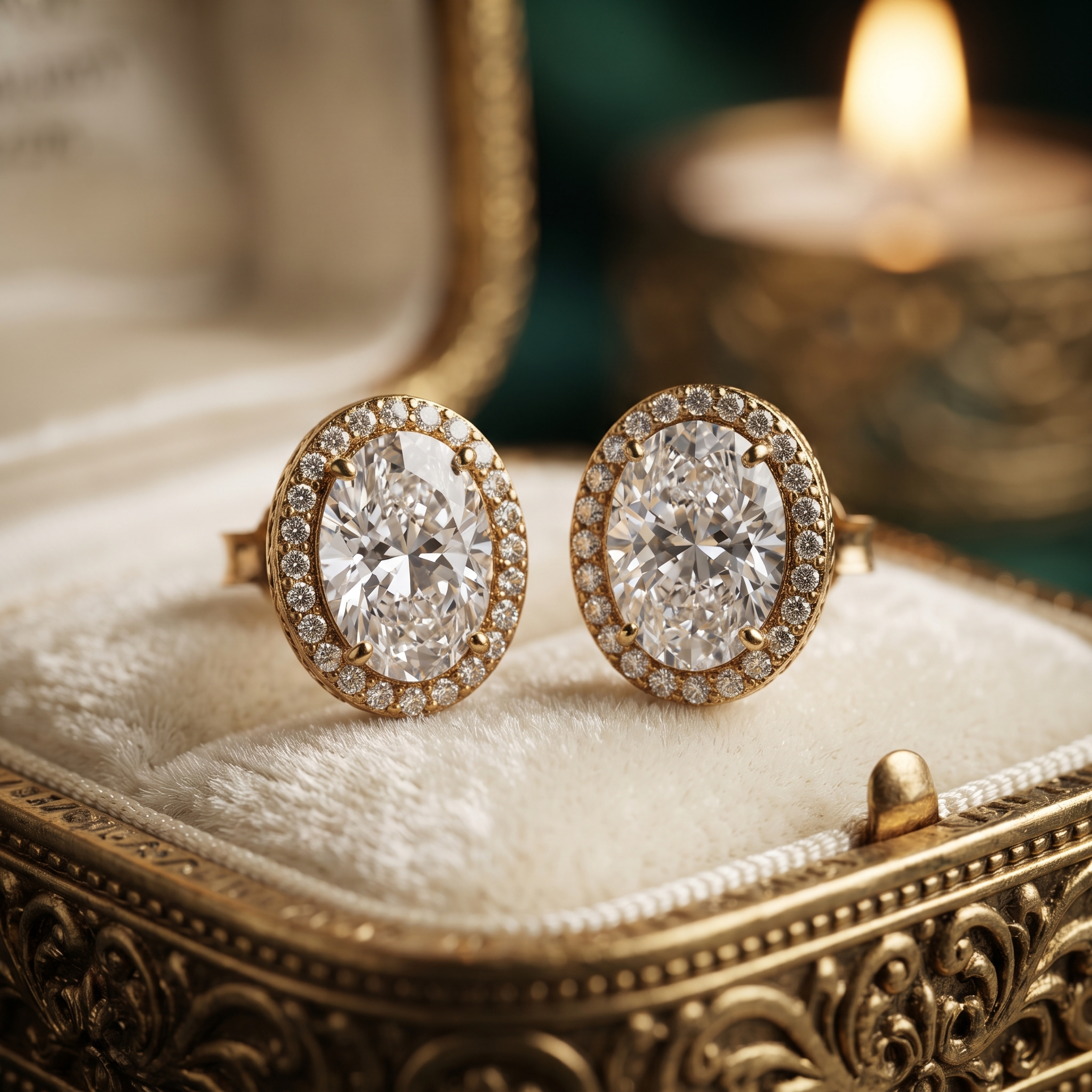 Oval Halo Diamond Stud Earrings in 10K / 14K Gold Or Silver