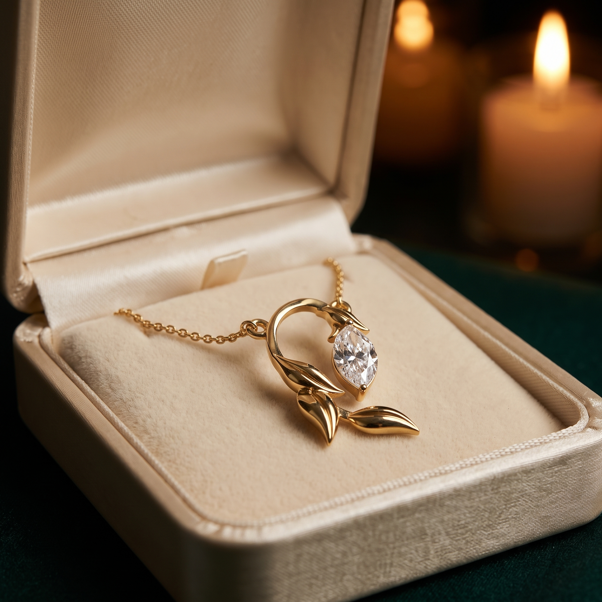 14K Gold Marquise Diamond Leaf Pendant Necklace, Floral Botanical Charm