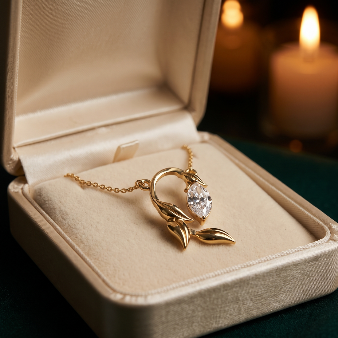 14K Gold Marquise Diamond Leaf Pendant Necklace, Floral Botanical Charm