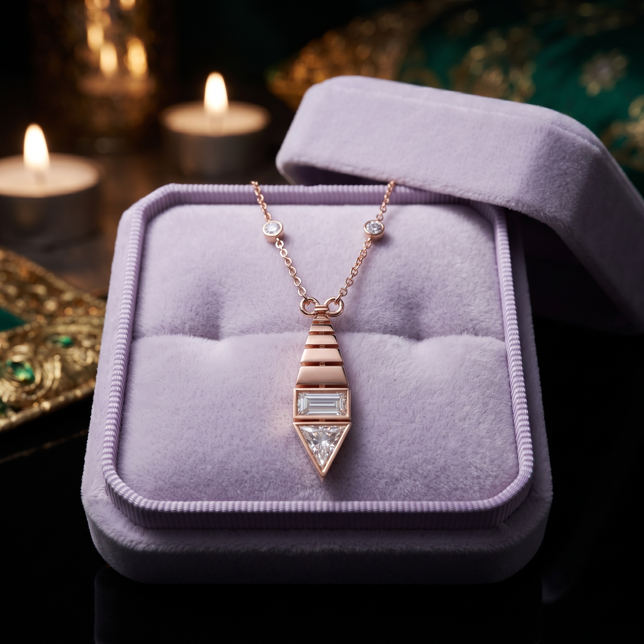 Art Deco Diamond Pendant Necklace, Baguette & Trillion Cut, Minimalist Gold Statement Jewelry