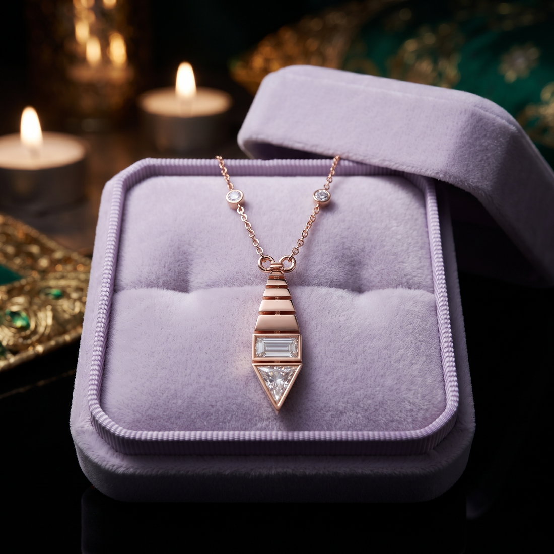 Art Deco Diamond Pendant Necklace, Baguette & Trillion Cut, Minimalist Gold Statement Jewelry