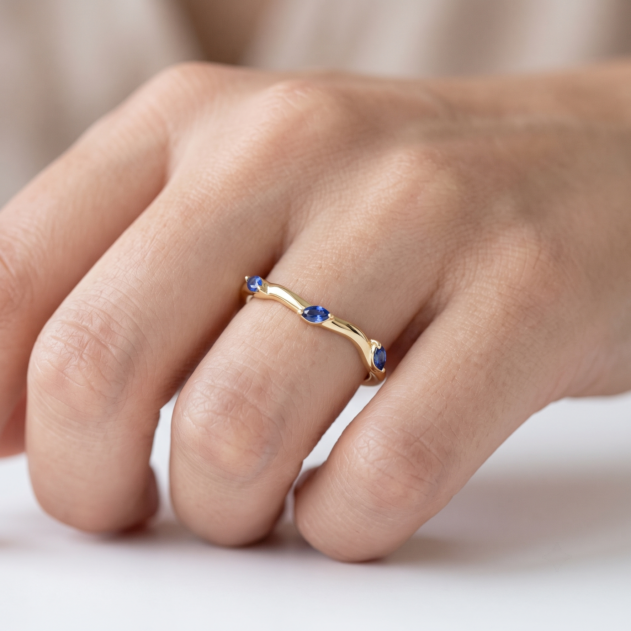 Emerald Cut Diamond Engagement Ring Set, Blue Sapphire Branch Design, Solid Gold Wedding Band