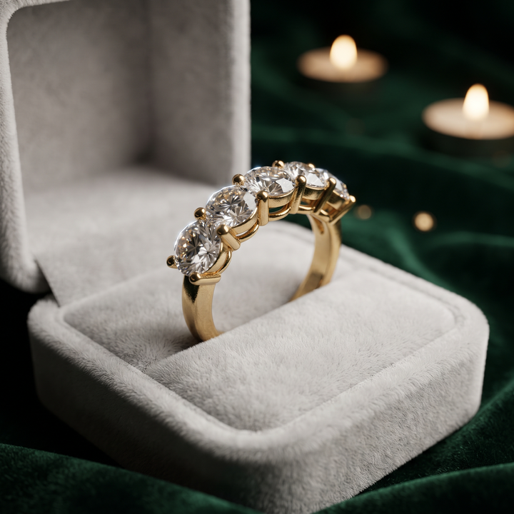 5-Stone Round Cut Diamond Ring, Shared Prong Stackable Band, Solid Gold Wedding Promise Ring
