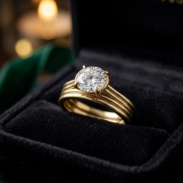Gold Multi-Band Solitaire Ring Set | Round Cut Diamond, Minimalist Bridal Jewelry