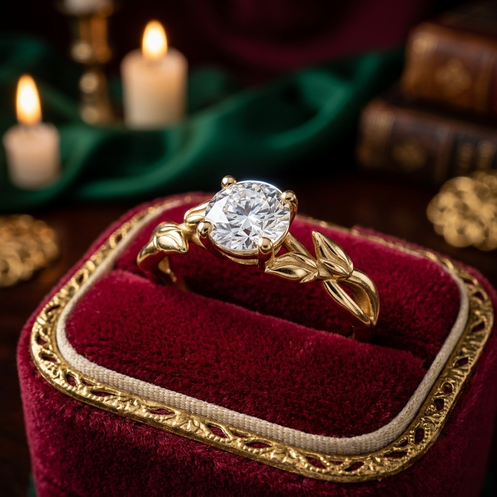 Handcrafted Leaf Vine Engagement Ring, Round Center Stone, Gold or Silver