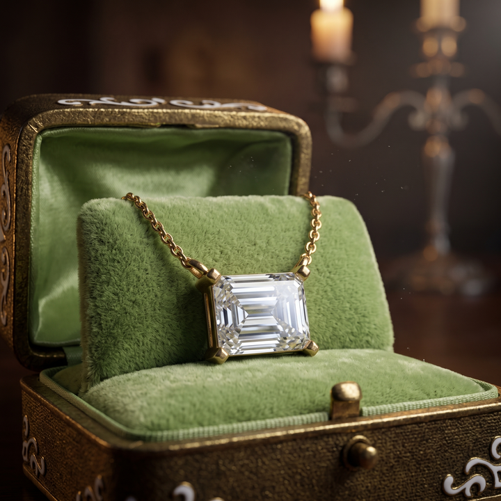 Emerald Cut Solitaire Pendant Necklace, Minimalist Diamond Chain, Modern Architecture Style