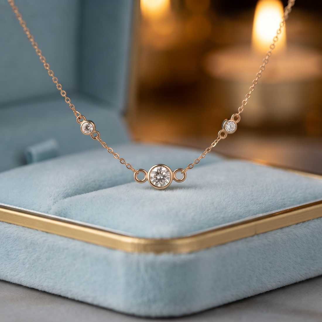 14K Gold Bezel Diamond Station Necklace, Minimalist Layering Pendant