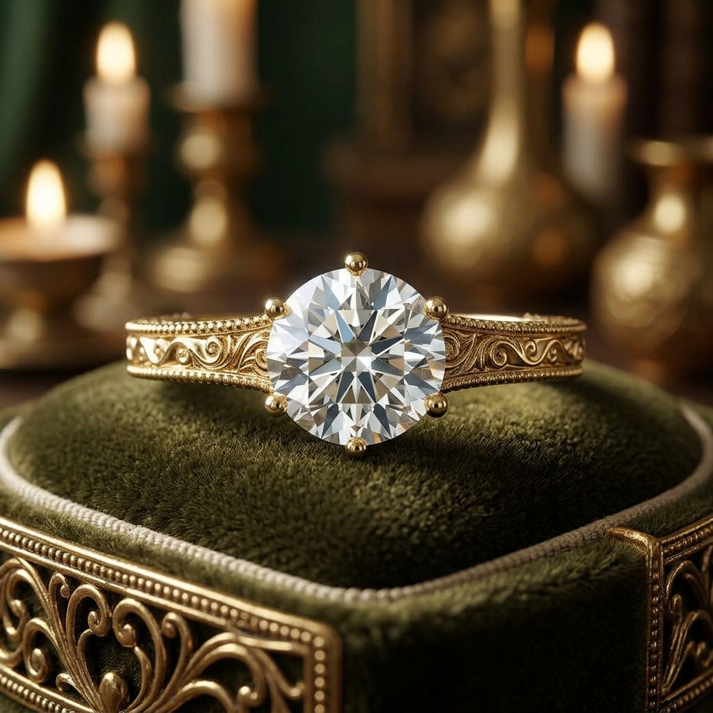 Vintage Art Deco Yellow Gold Engagement Ring, Round Lab Grown Diamond, Milgrain Scroll Design