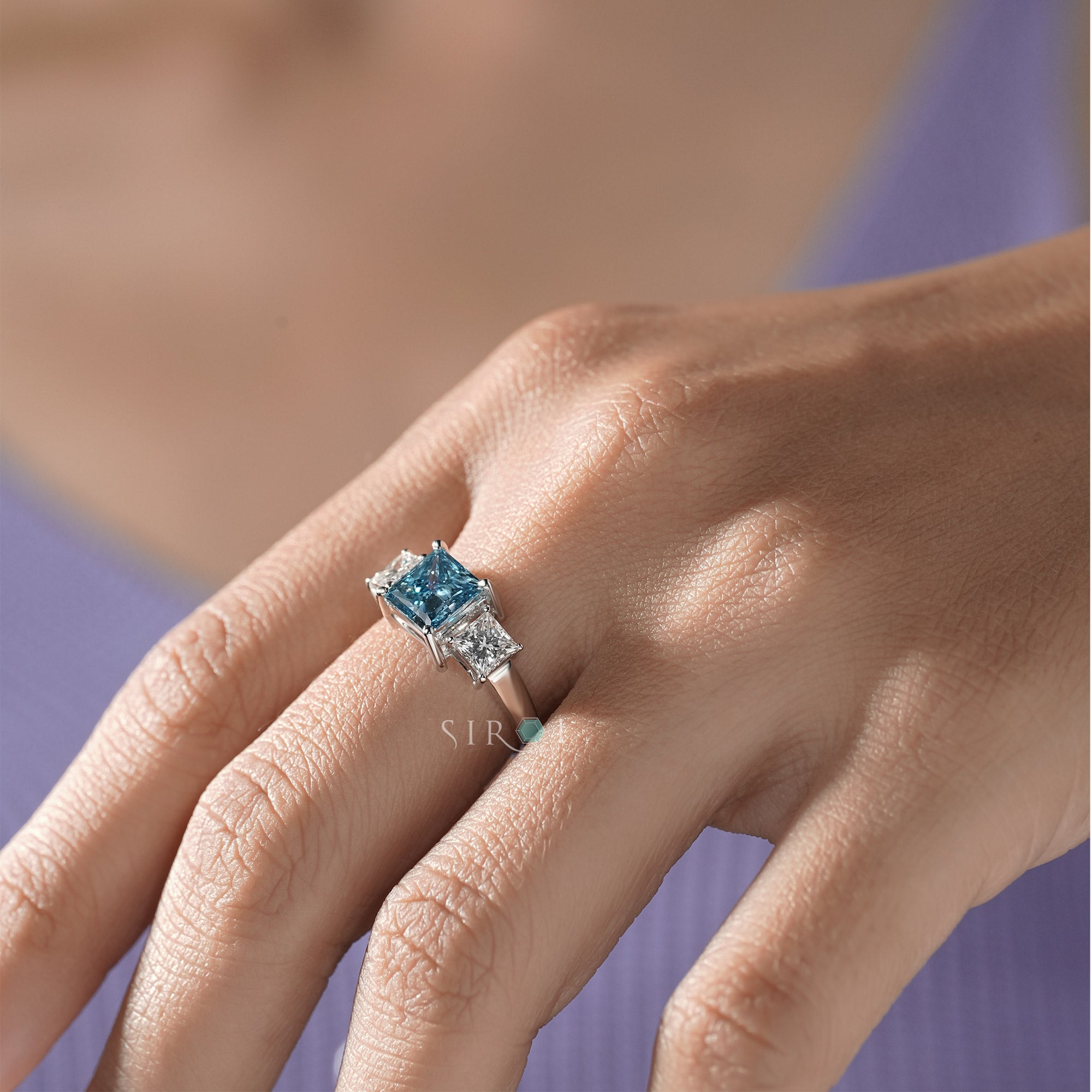 Princess Cut Blue Topaz and Diamond Three-Stone Engagement Ring in White Gold