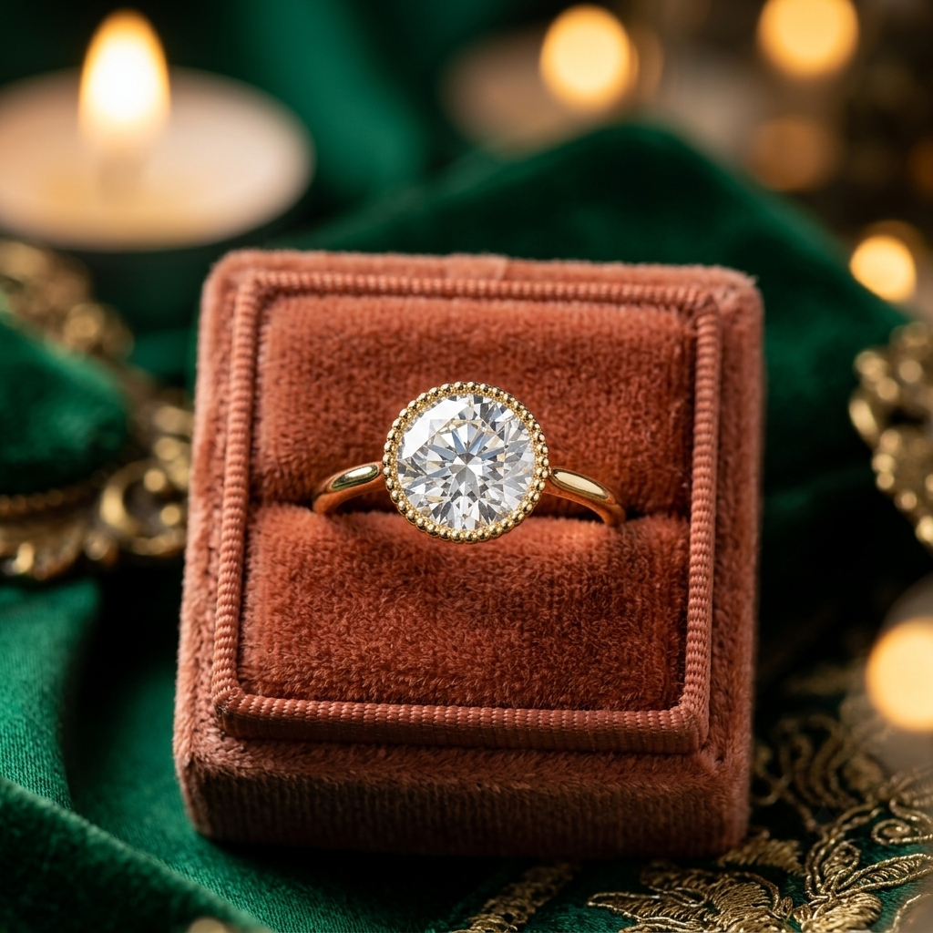Milgrain Bezel Lab Grown Diamond Ring, Round Cut Solitaire, Solid Gold Engagement Ring