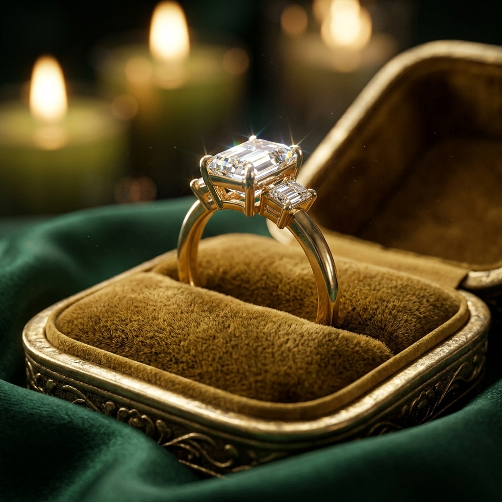 Emerald Cut Three Stone Engagement Ring, Lab Grown Diamond, Solid Gold (9K-18K)