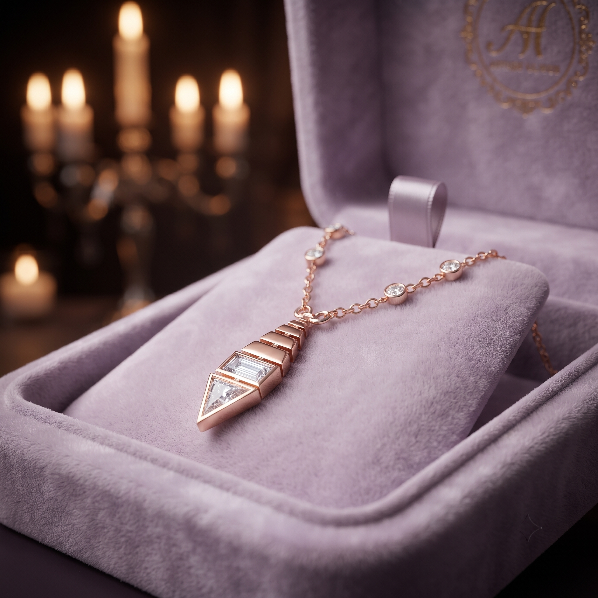 Art Deco Diamond Pendant Necklace, Baguette & Trillion Cut, Minimalist Gold Statement Jewelry
