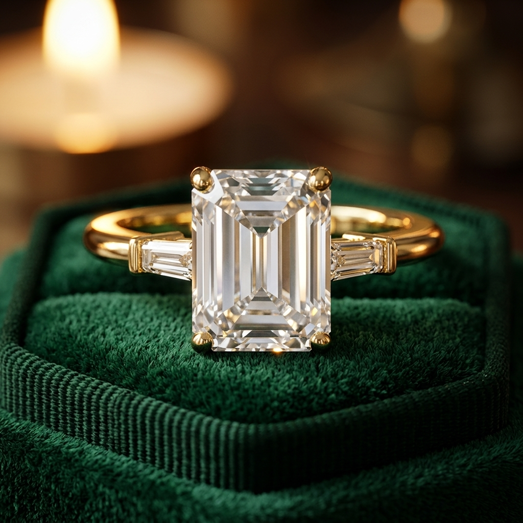Emerald Cut Three Stone Engagement Ring, Tapered Baguette Lab Grown Diamond, Solid Gold Band