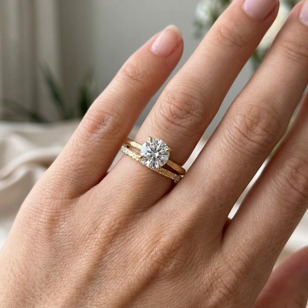 Hand Engraved Wheat Solitaire Engagement Ring, Round Cut Diamond, Nature Inspired Band