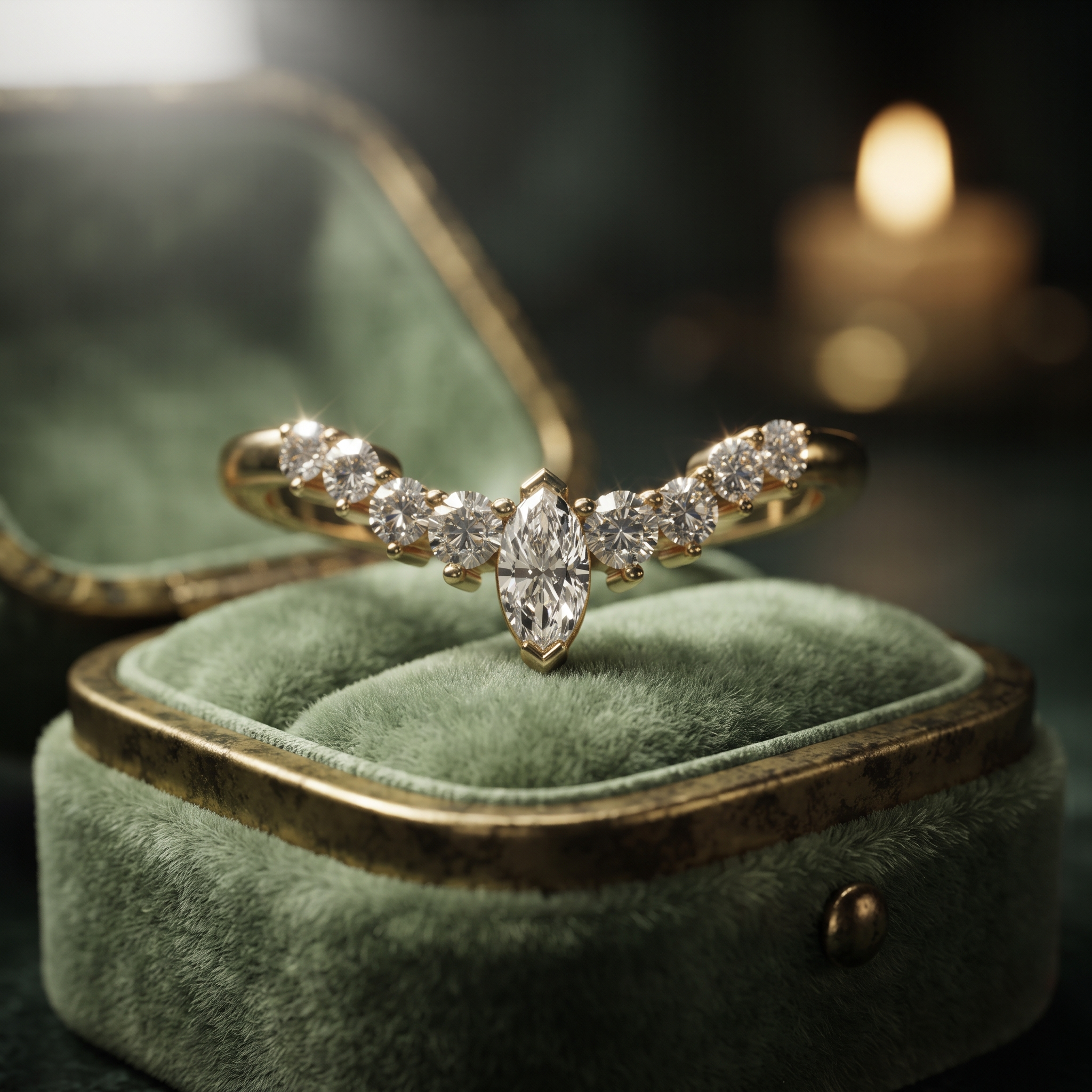 Elegant Marquise & Round Cut Curved Chevron Band In 10K/14K Gold And Sterling Silver