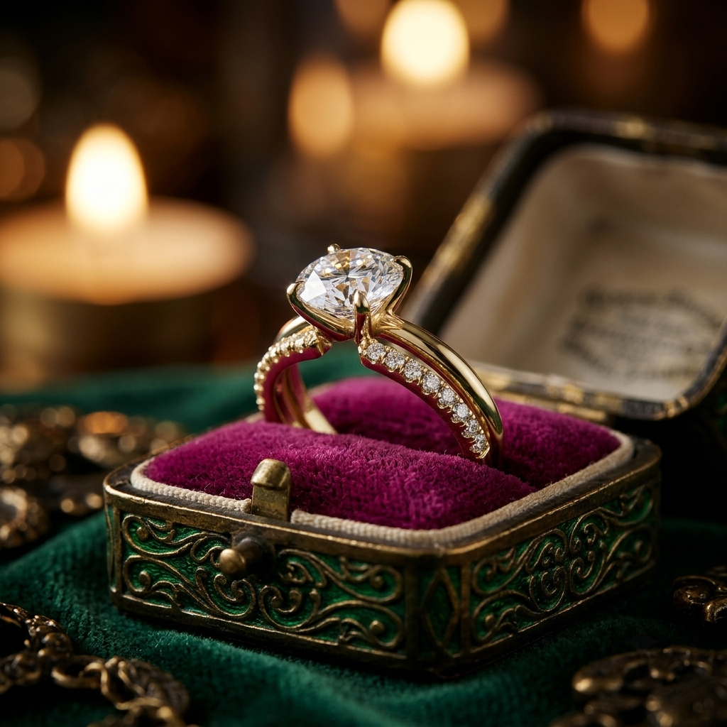 Round Cut Diamond Engagement Ring Set, Yellow Gold Pave Wedding Band Bridal Set