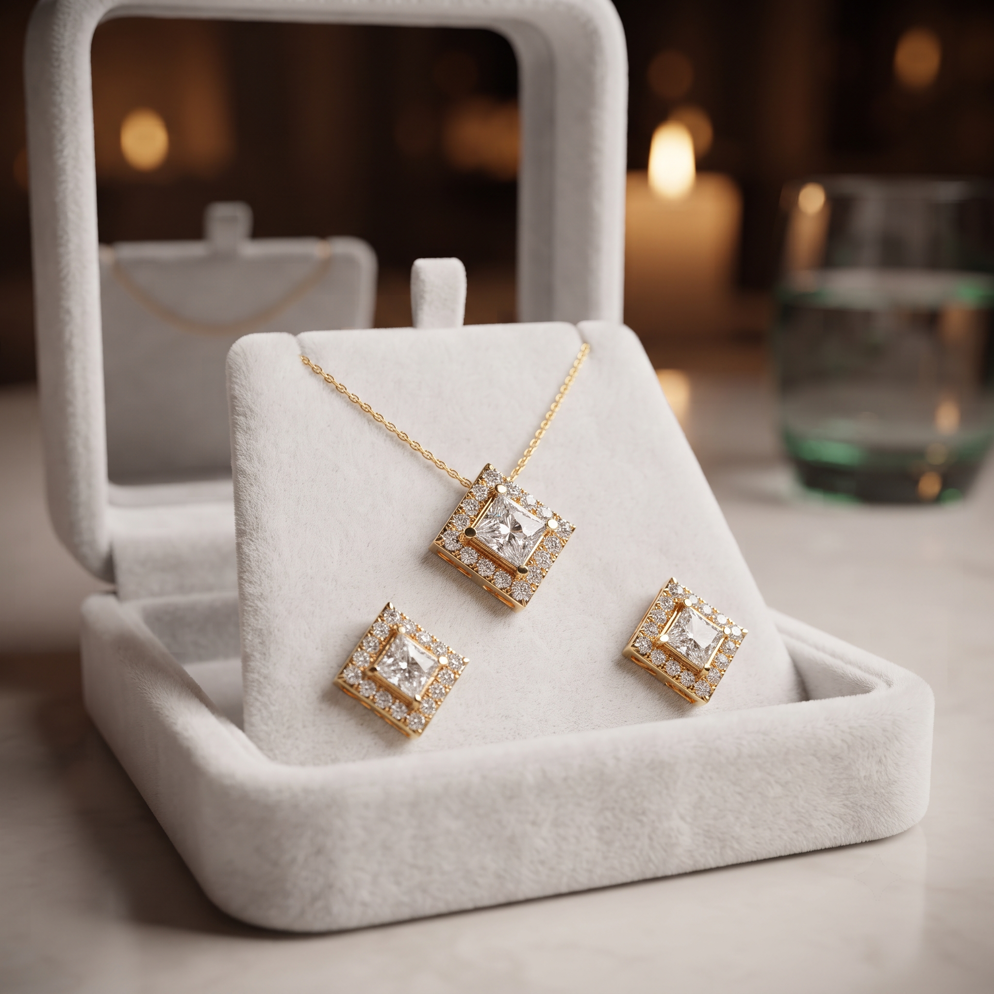 Princess Cut Diamond Halo Necklace Set, Square Pendant Earrings, Bridal Jewelry Gift