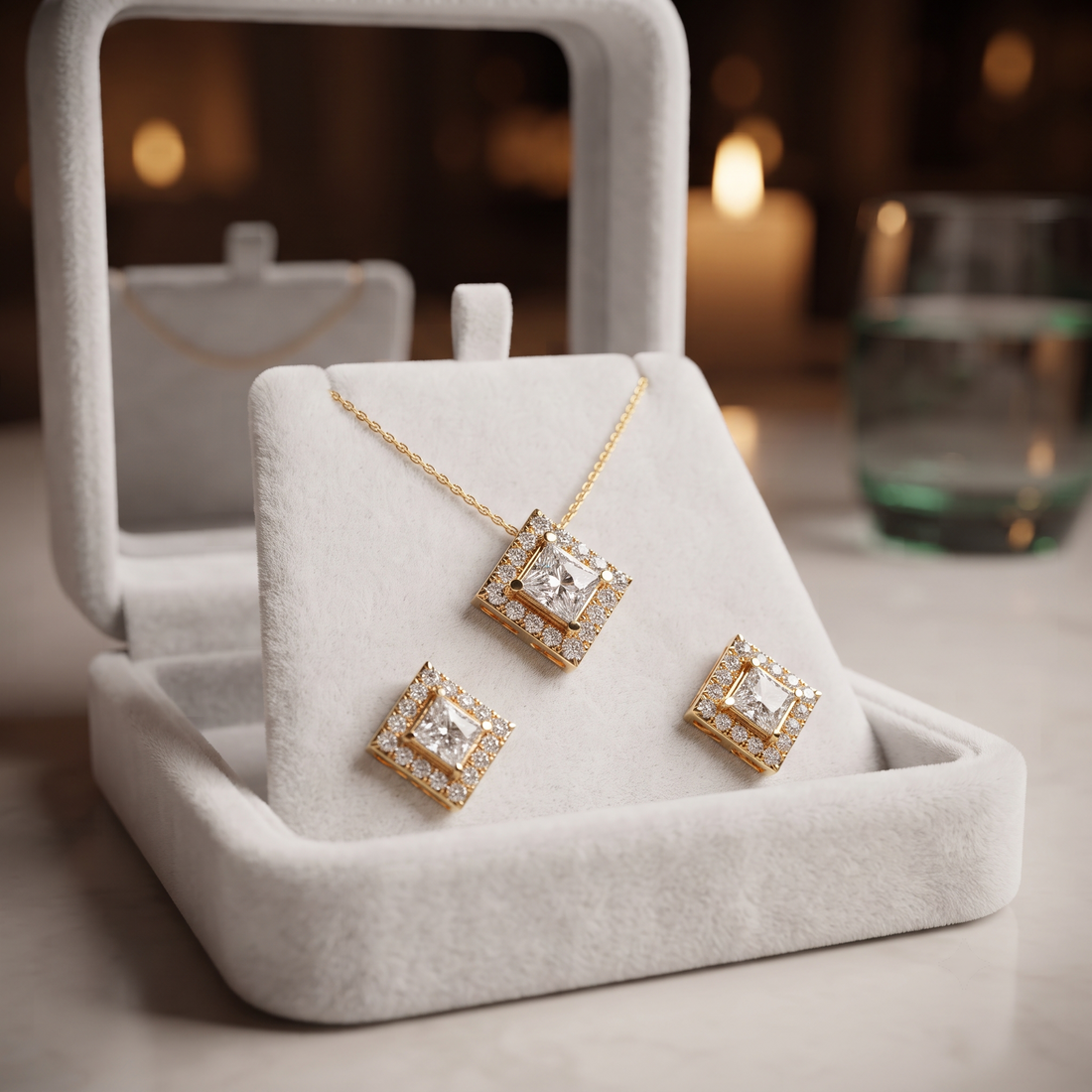 Princess Cut Diamond Halo Necklace Set, Square Pendant Earrings, Bridal Jewelry Gift