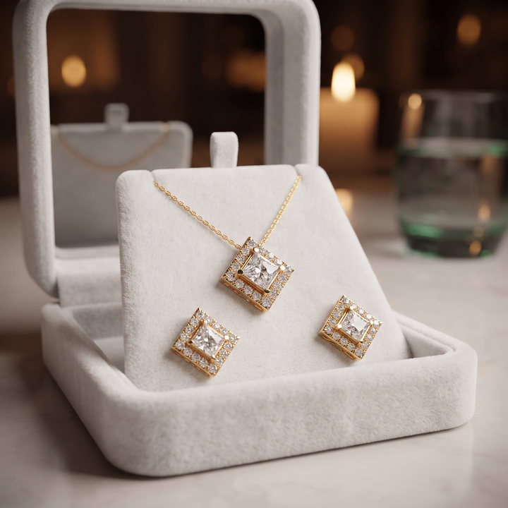 Princess Cut Diamond Halo Necklace Set, Square Pendant Earrings, Bridal Jewelry Gift