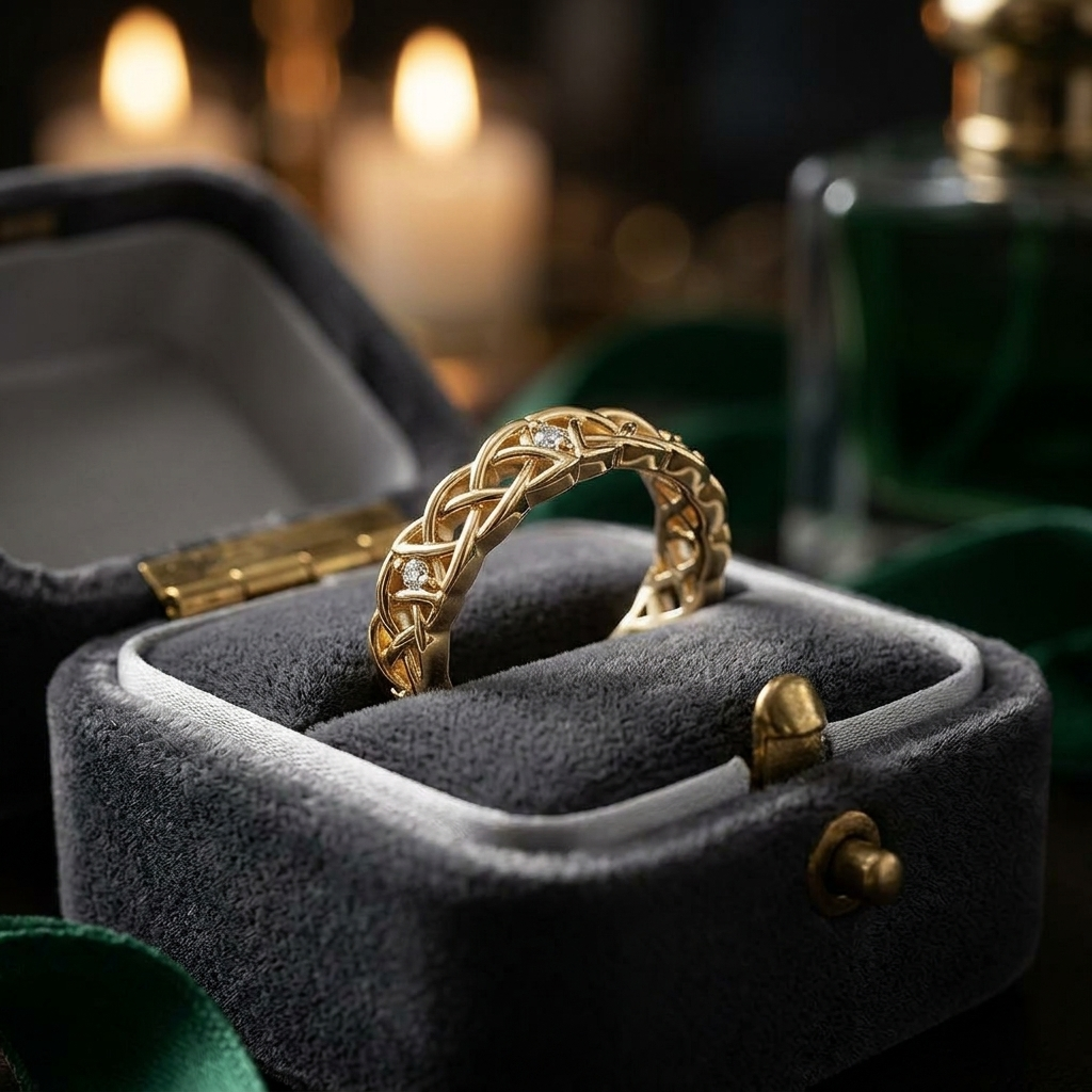 Gold Celtic Knot Ring with Diamonds, Woven Filigree Wedding Band, Irish Heritage Jewelry