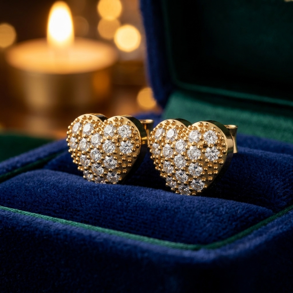 Diamond Heart Stud Earrings in Gold