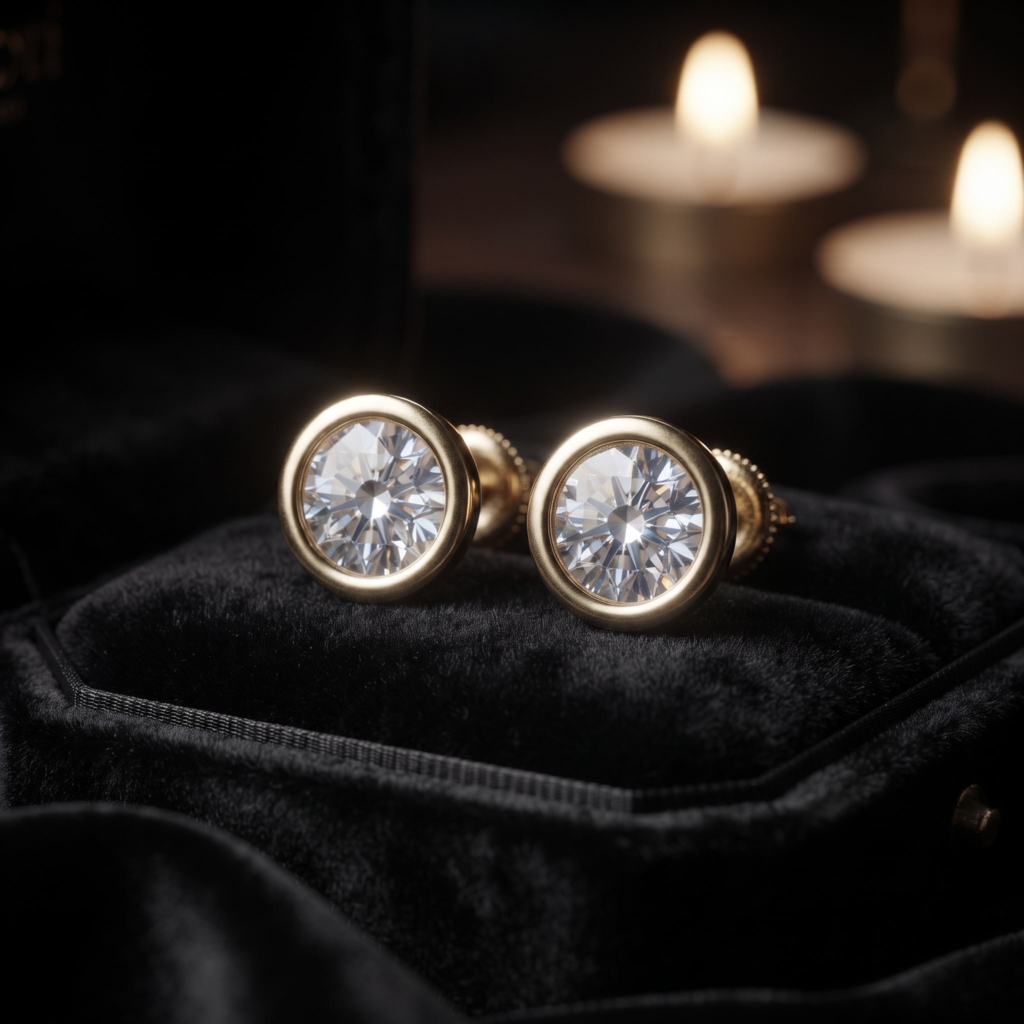 Bezel Set Solitaire Diamond Stud Earrings in 9K To 18K Gold, Or Silver