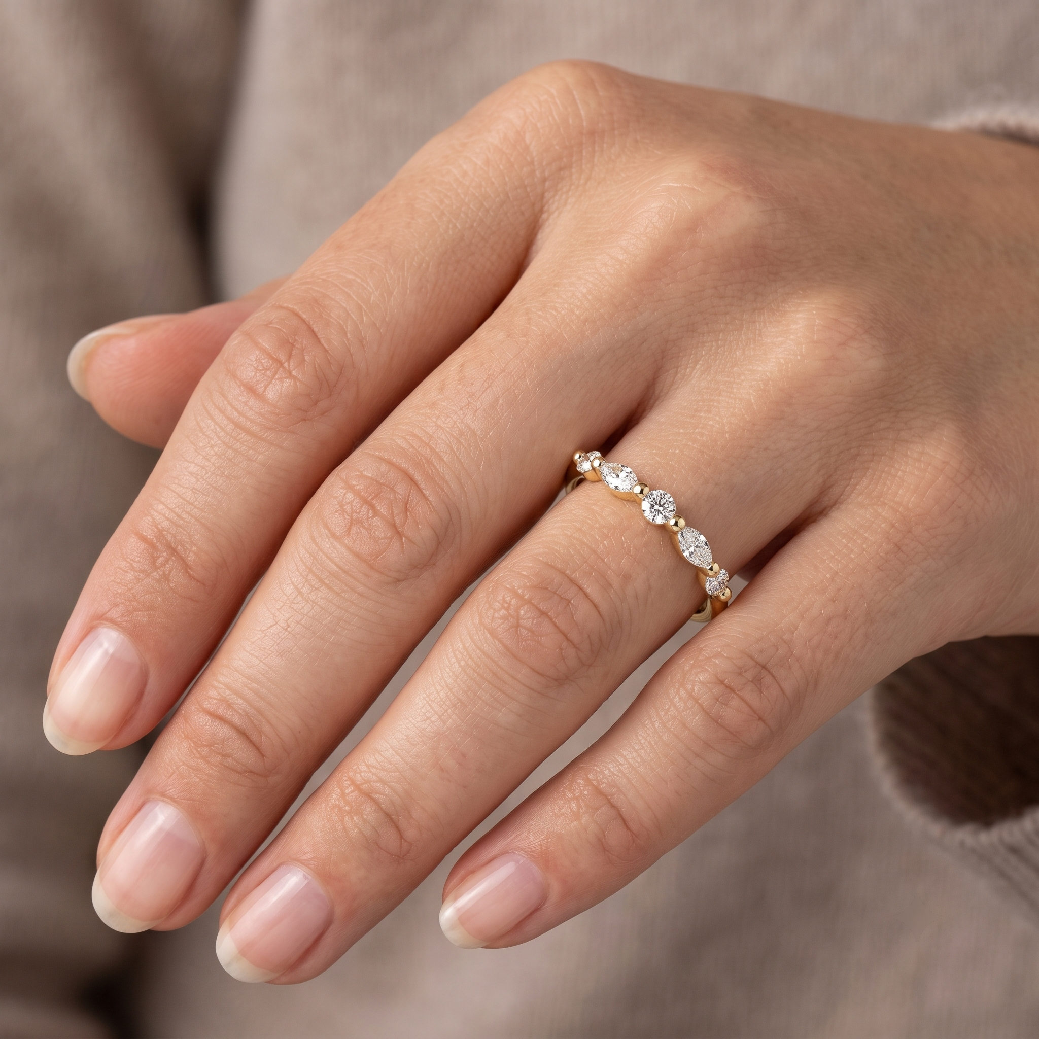 Oval Cut Solitaire Engagement Ring Set | Marquise Beaded Wedding Band (Yellow Gold)
