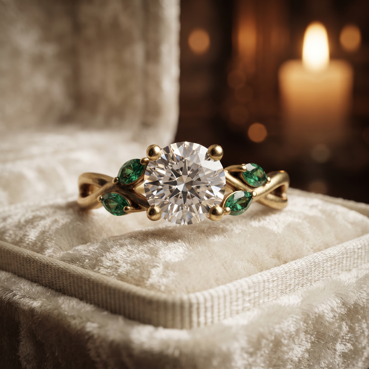 14K Yellow Gold Leaf Engagement Ring with Marquise Emeralds – Nature Floral Cluster Ring