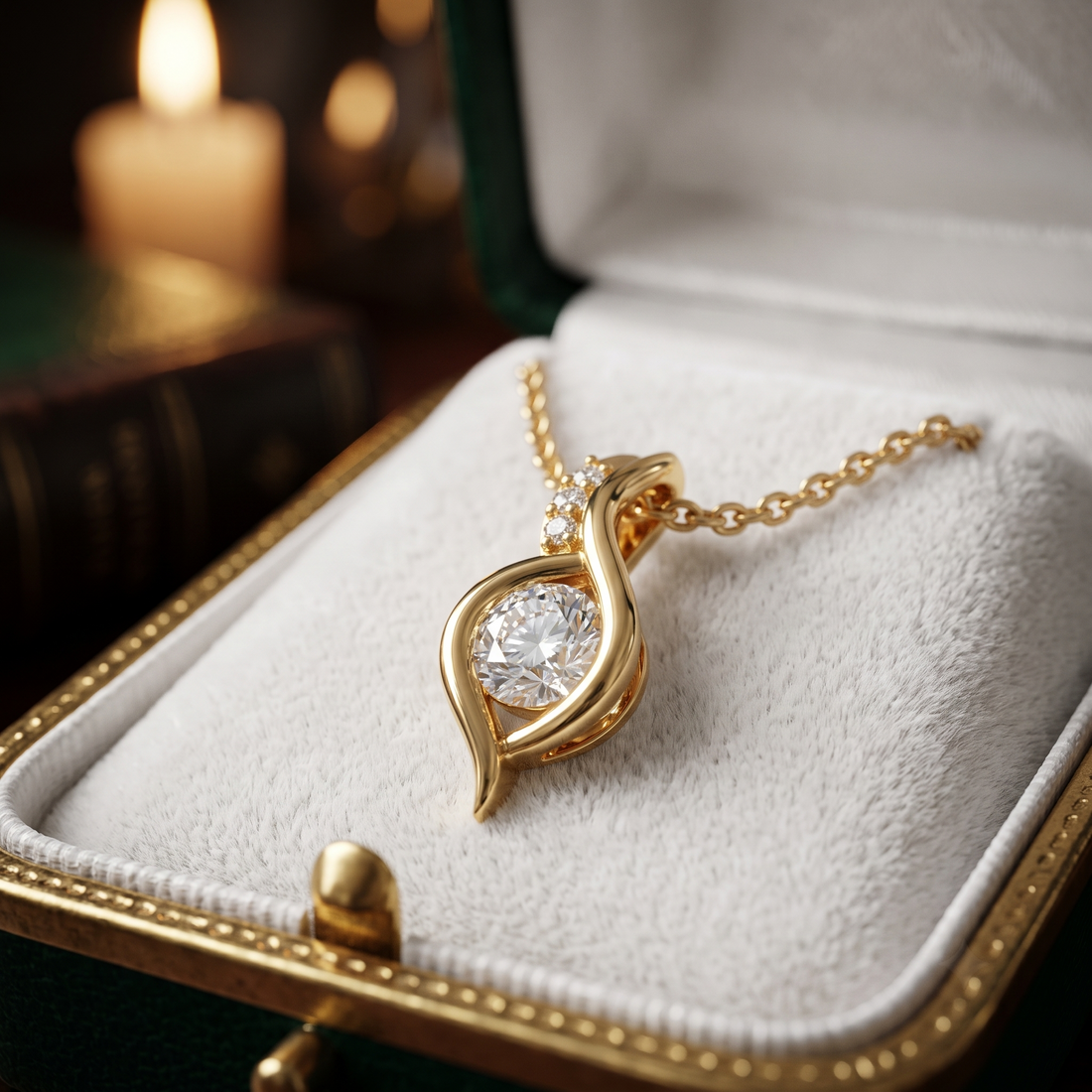 14K Gold Swirl Diamond Pendant Necklace, Teardrop Solitaire, Modern Twist Design