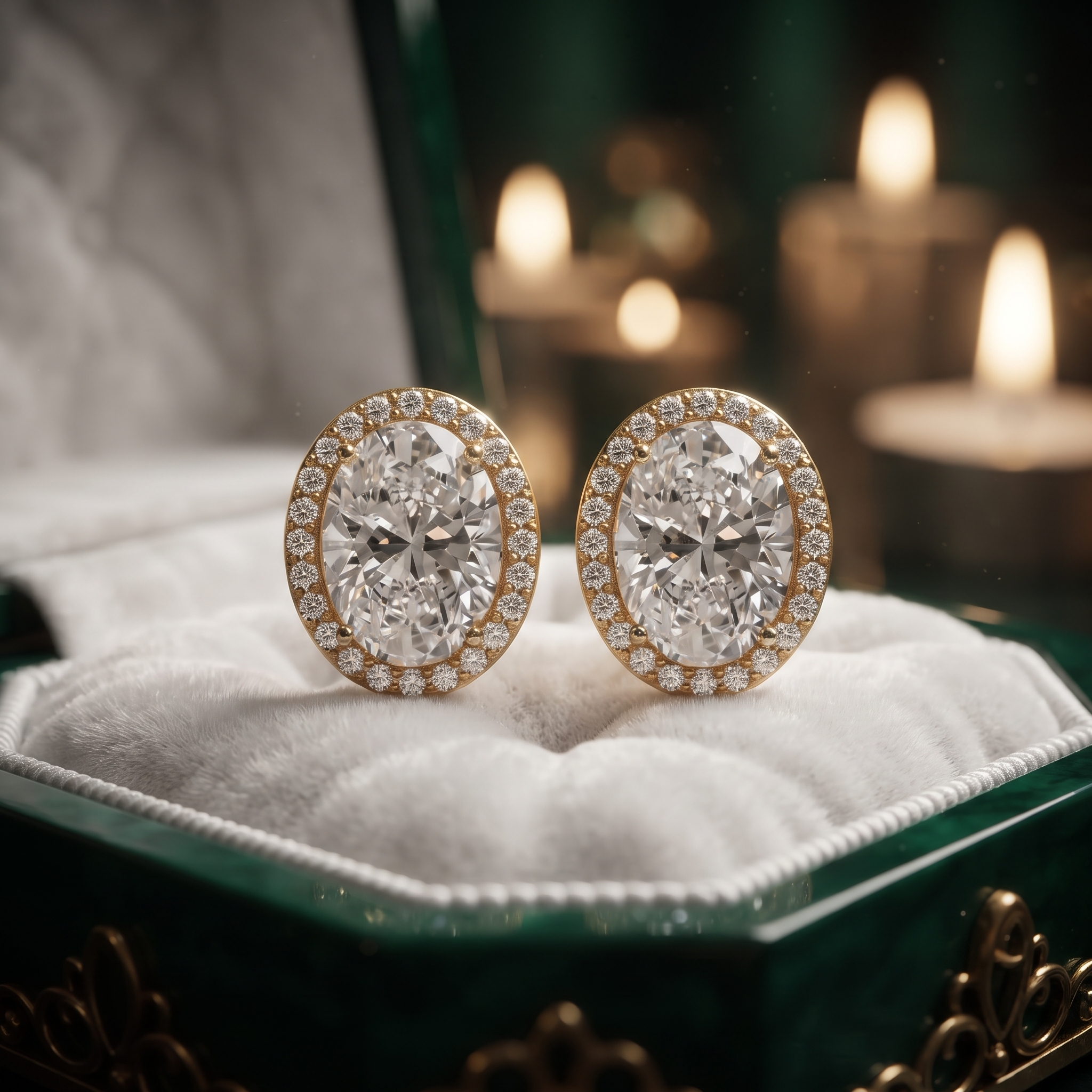 Oval Halo Diamond Stud Earrings in 10K / 14K Gold Or Silver