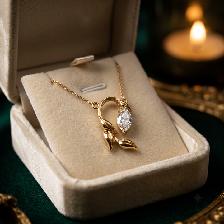 14K Gold Marquise Diamond Leaf Pendant Necklace, Floral Botanical Charm