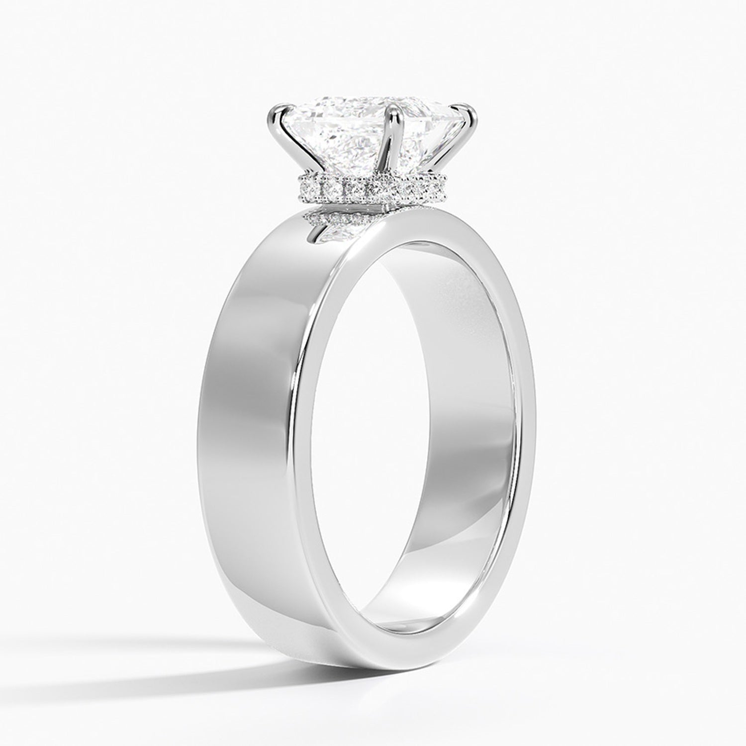 Wide Band Princess Cut Engagement Ring | Hidden Halo, Solid Gold Statement Piece
